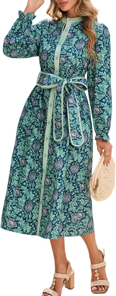 Women Floral Midi Dress Long Sleeve Button Down Shirt Dress with Belt | Amazon (US)