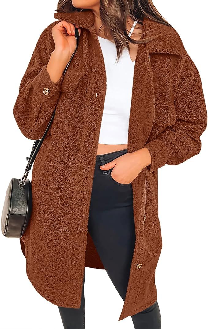 Amazon.com: ZESICA Women's Winter Fuzzy Fleece Lapel Button Down Open Front Faux Fur Long Jacket ... | Amazon (US)