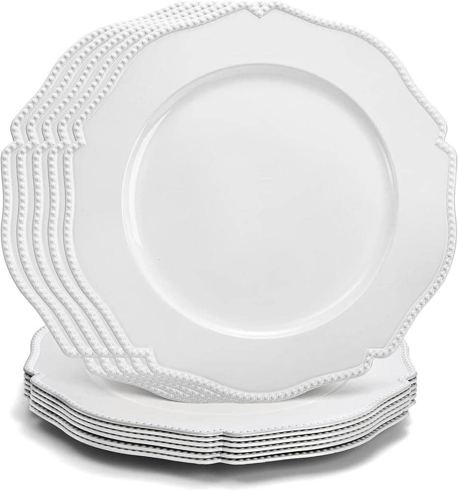 Foraineam 12 Pack White Charger Plates with Beaded Rim, 13 Inch Round Plastic Dinner Chargers, Sc... | Amazon (US)
