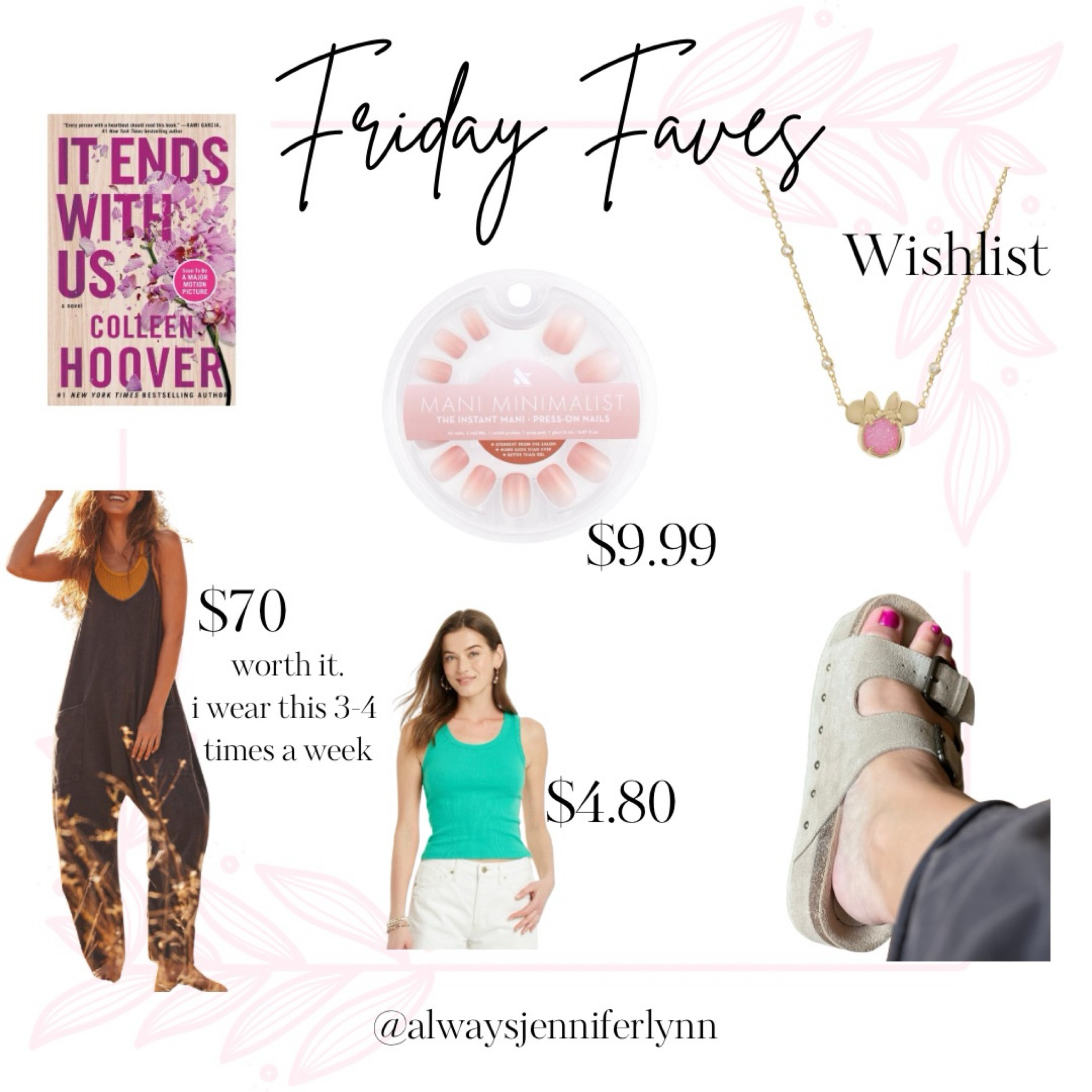 Almost finished with my book- Colleen Hoover It Ends with Us. Had a nail day with my Olive & June glue-on nails. Cutest Steve Madden platform sandals to add some height for this short girl. Kendra Scott Disney jewelry is on my wishlist. Free People jumpsuit is my most worn item this summer 

#LTKFindsUnder100 #LTKMidsize #LTKFindsUnder50