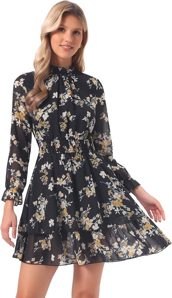 Allegra K Women's Floral Dress Chiffon Long Sleeve Mock Neck Ruffle Layered Smocked Mini Dresses | Amazon (US)