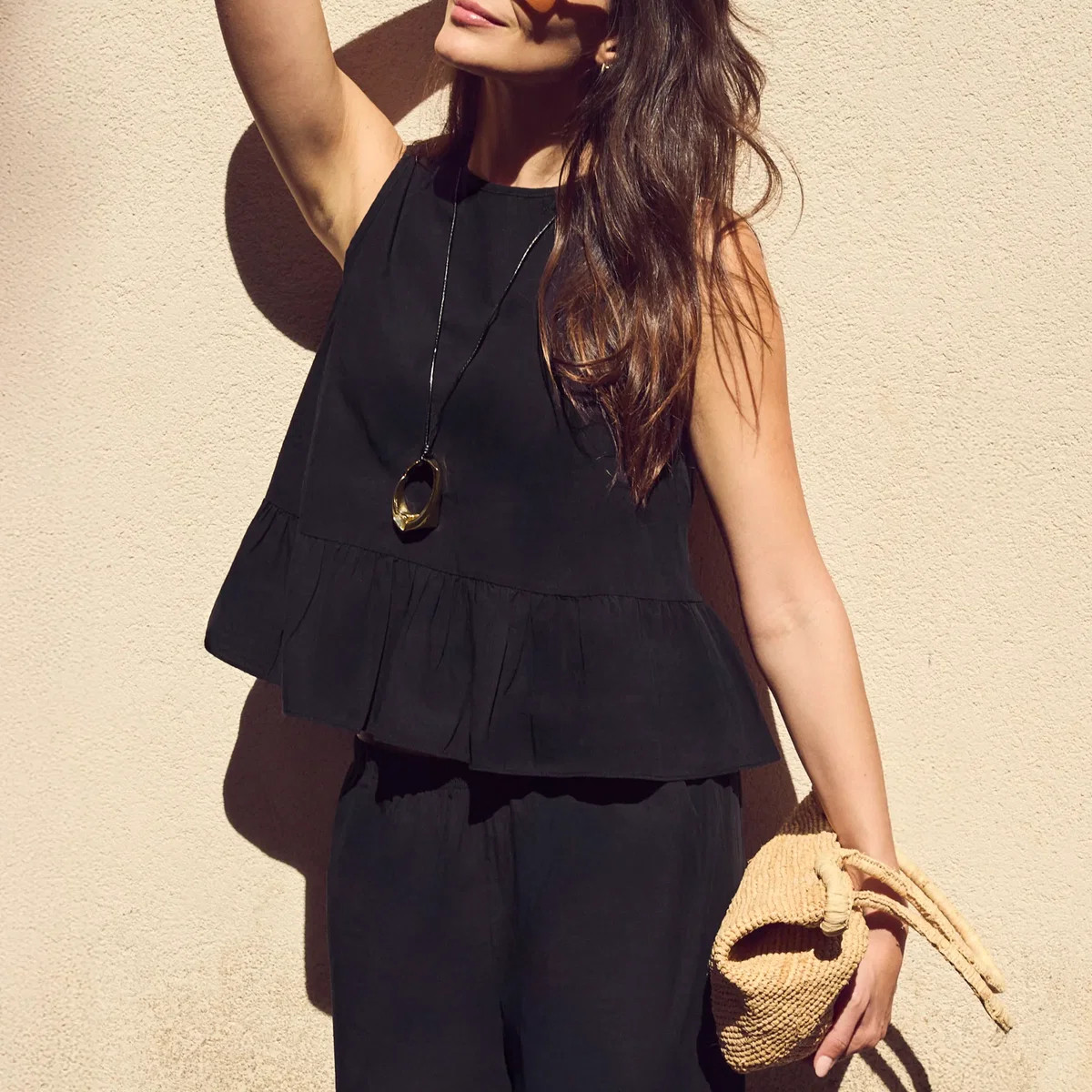 Black Cotton Peplum Top | Ro&Zo