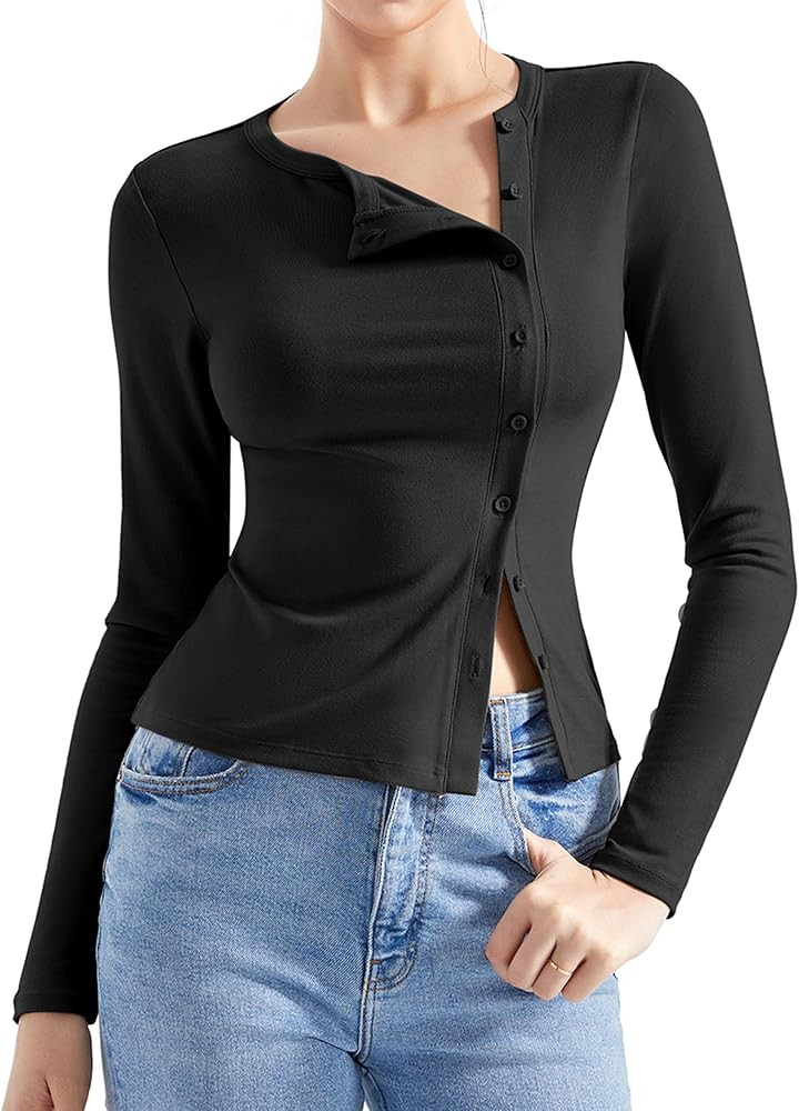 SUUKSESS Women Button Down Ribbed Tops Long Sleeve Going Out Fitted Modal Shirt | Amazon (US)