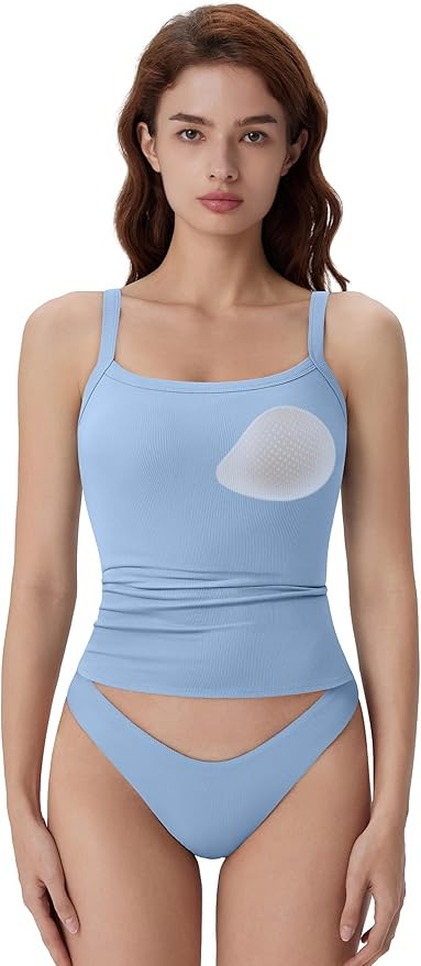 SUUKSESS Women Cotton Rib Padded Tank Tops Sleeveless Spaghetti Strap Square Neck Tops Summer Cam... | Amazon (US)
