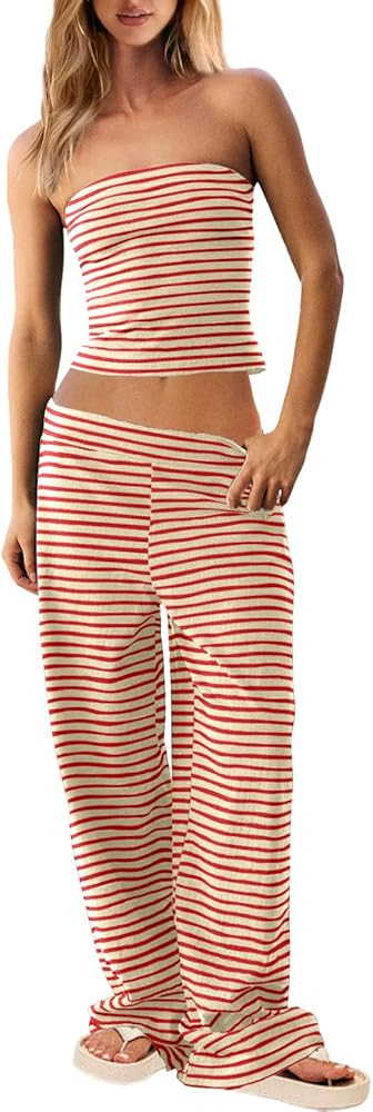 UNIANKIYA Womens Two Piece Striped Lounge Set Strapless Tube Top and Pant Matching Set Summer Bea... | Amazon (US)