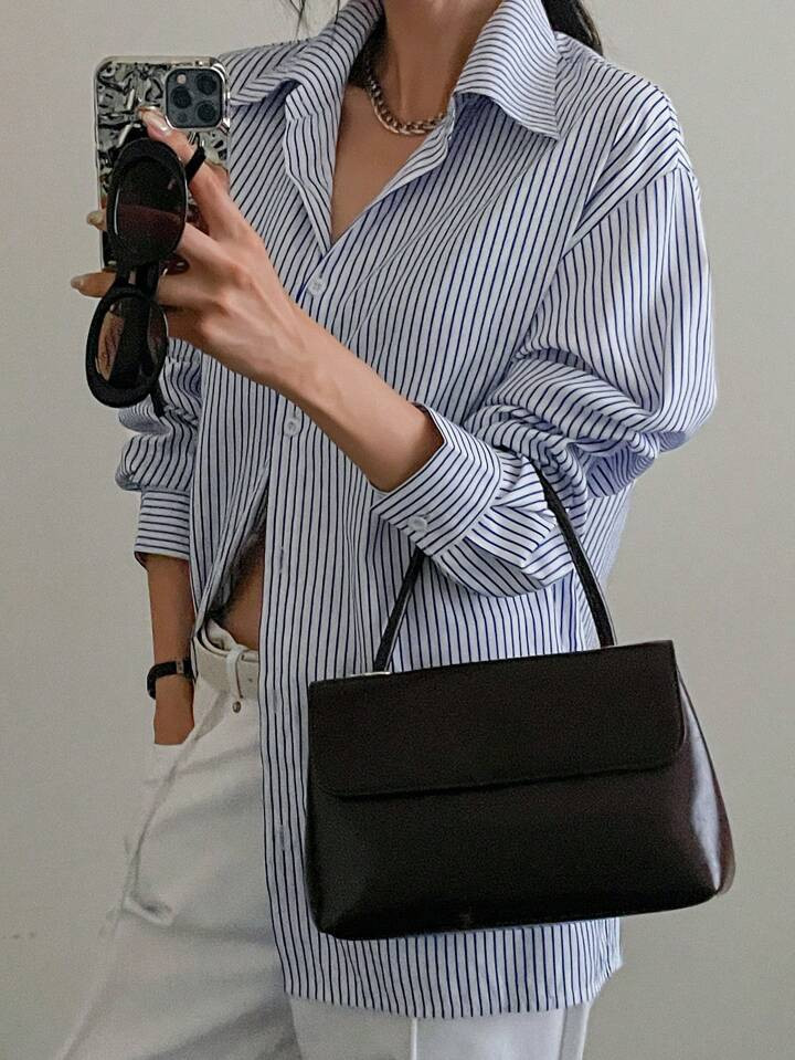 DAZY Camisa Longa Feminina De Manga Longa Solta Com Colarinho Virado, Botões Na Frente E Listras, Regatas De Manga Longa Y2k De Verão | SHEIN