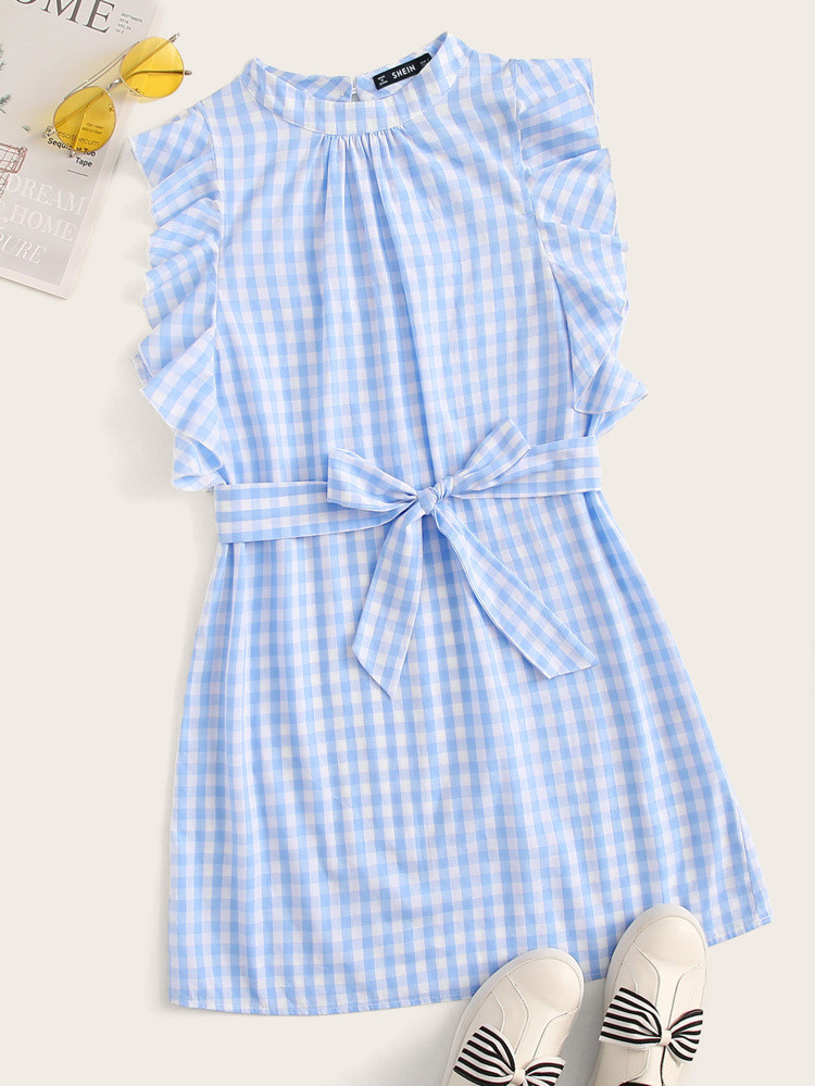 Mock-neck Ruffle Armhole Self Belted Gingham Dress | SHEIN