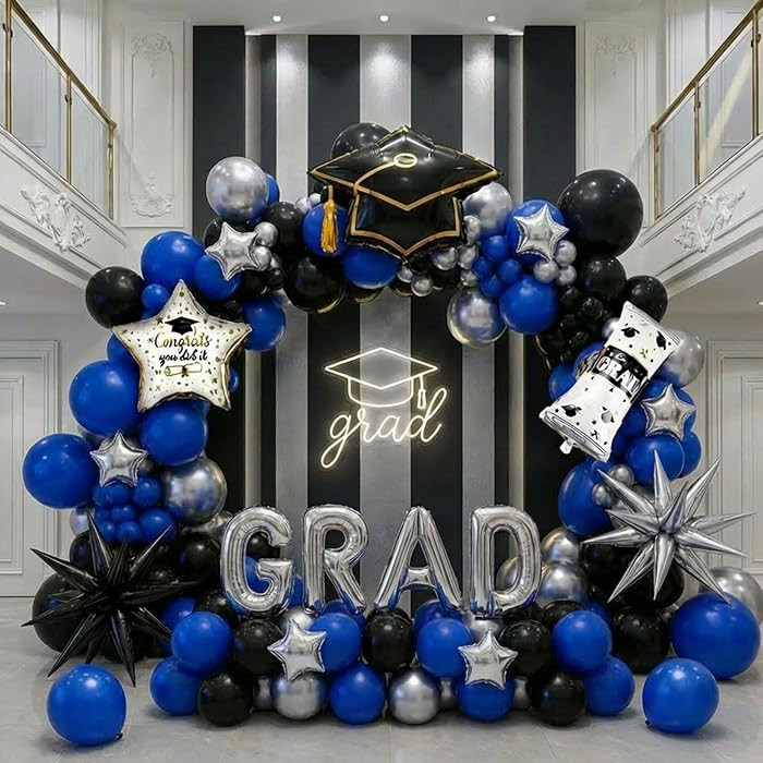 Blue Black Silver Graduation Balloon Garland Arch Kit with Graduation Star print Certificate Lett... | Amazon (US)