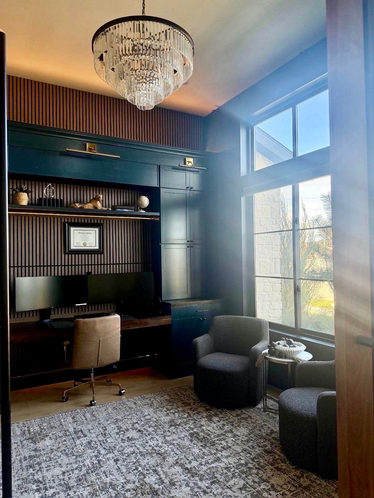 I linked the pieces that give this home office its custom, built-in feel, from the statement chandelier to the accent chairs, rug, and layered shelving details.

I love spaces that feel both functional and elevated, and this combination adds warmth, texture, and contrast without overwhelming the room. The darker finishes make the space feel grounded while still feeling timeless.

Everything in this office creates that high-end designer look I’m always drawn to. Shop the full space below.
@Wayfair 
@lowes 
@Walmart 
@Amazon

#LTKHome #LTKU #LTKSaleAlert