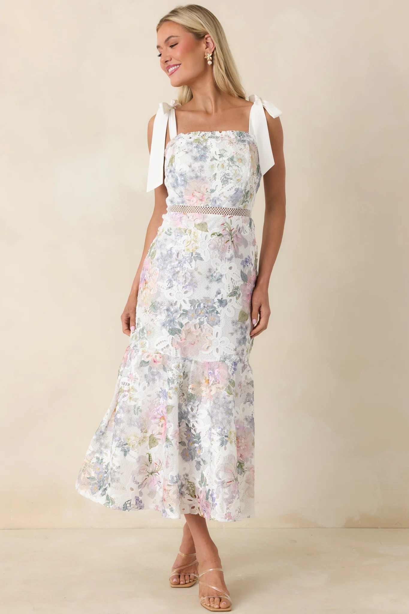 You Grow Girl Ivory Lace Floral Midi Dress | Red Dress