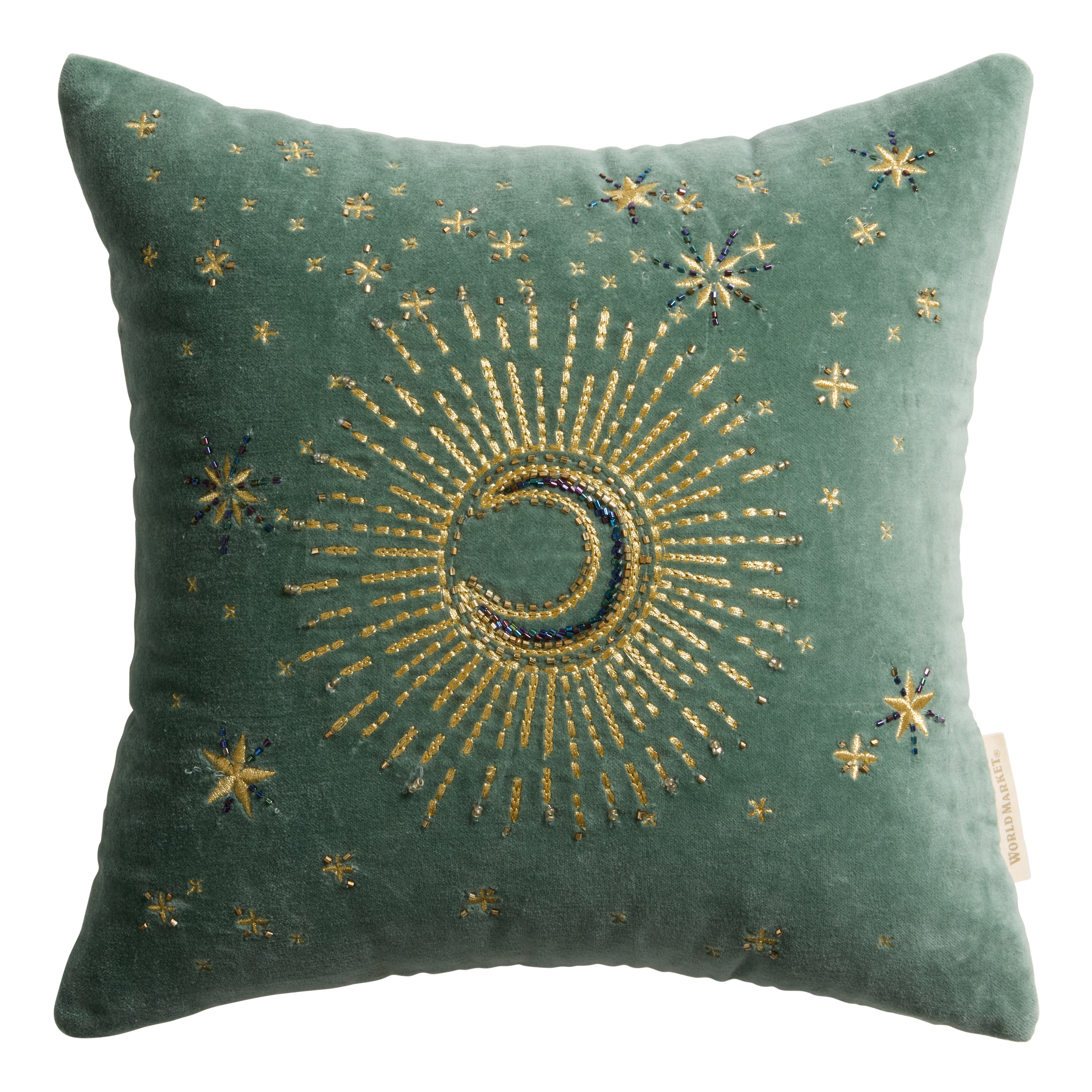 Sage Green Velvet Moon Beaded Throw Pillow | World Market