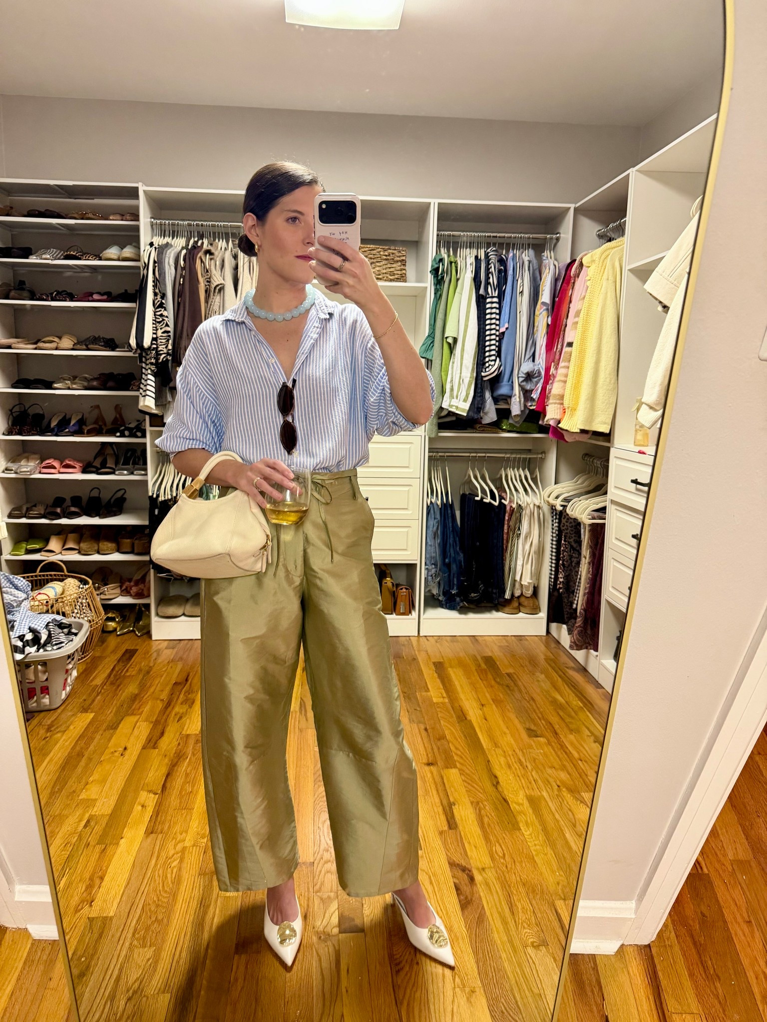 Top - Old Loft 
Pants - Chan Luu, Size 1
Heels - H&M
Necklace & Sunglasses - Amazon 

#LTKPetite #LTKootd