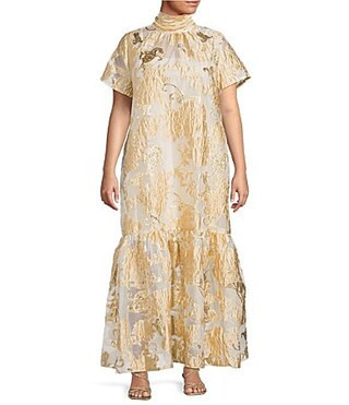 Sugarlips Plus Size Mimy Floral Dime Organza Mock Neck Short Sleeve Tiered Maxi Dress - 1X | Dillard's