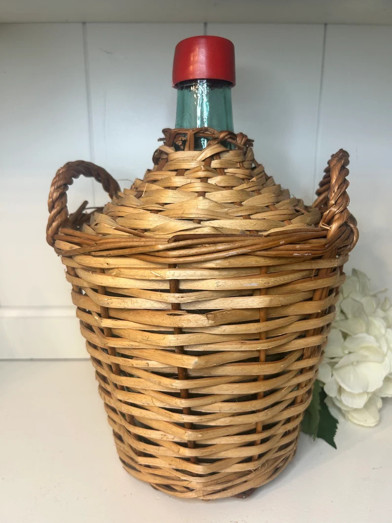 Vintage Wicker Demijohn Sangria Bottle Wicker Basket With Handles Large Raffia Empty Bottle Spain... | Etsy (US)