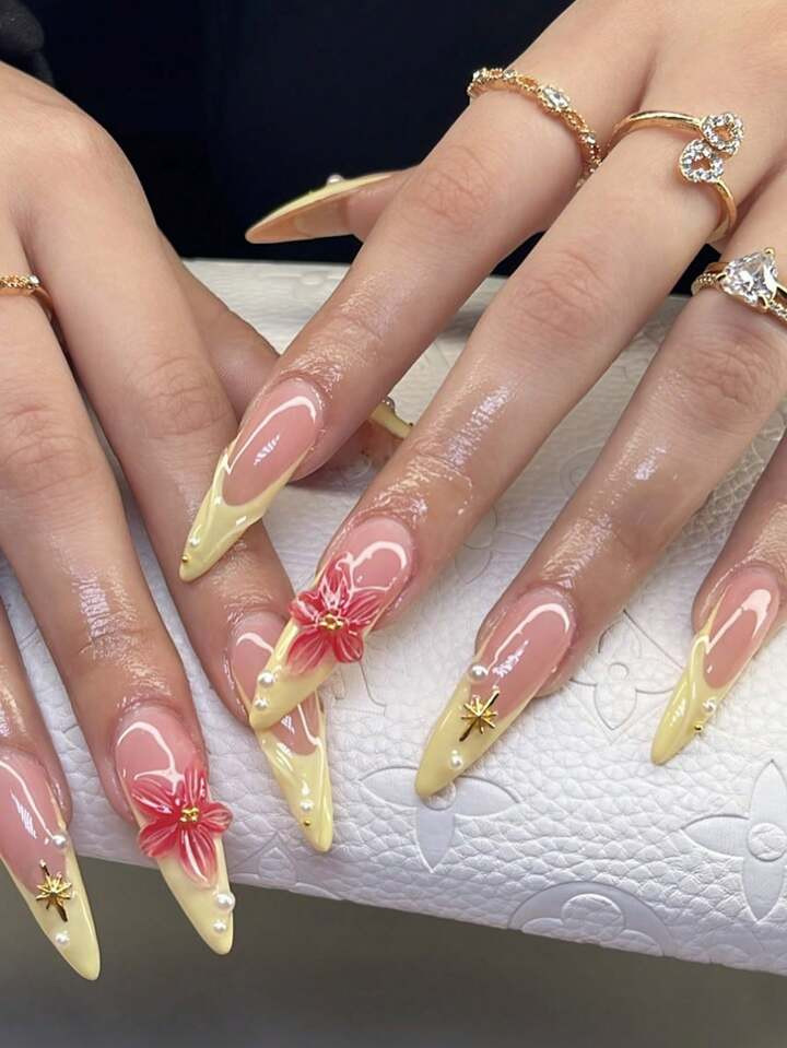 Pure Handmade Nails 3D Nails Yellow Nails French Tip 3D Flower Nails Stiletto Press On Nails False Nails For Girl Women | SHEIN