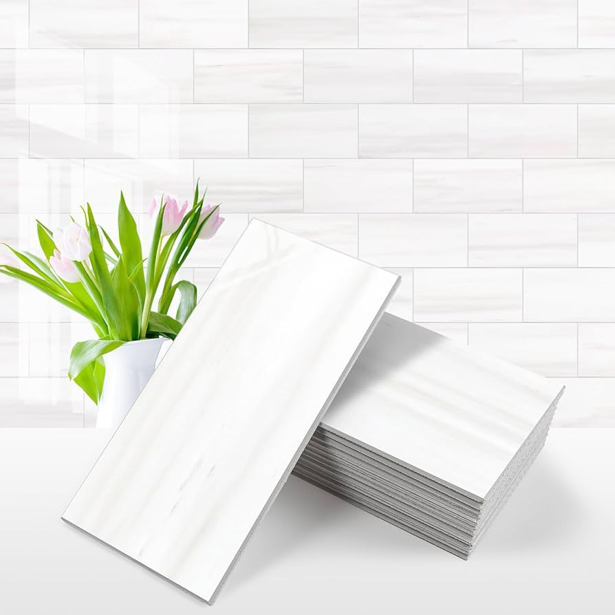 Vamos Tile 100-Piece Glossy Dolomite White Peel and Stick Backsplash Tile,3''x6'' PVC Subway Tile... | Amazon (US)