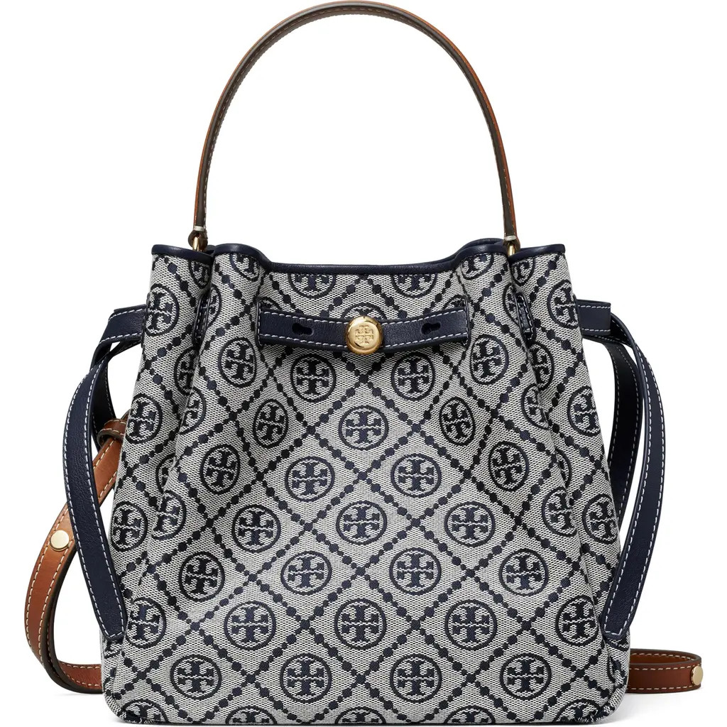 Tory Burch Romy T Monogram Jacquard & Leather Bucket Bag in Tory Navy at Nordstrom | Nordstrom