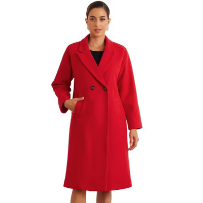 INSPIRE CHIC Women's Notch Lapel Double-Breasted Mid-Length Long Coat Red Large | Target