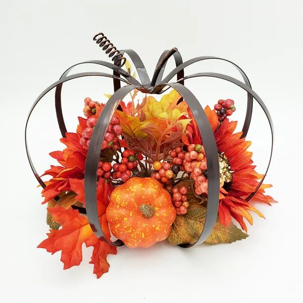 Way to Celebrate Harvest Gold Pumpkin Frame Floral Tabletop Decoration, 9" | Walmart (US)