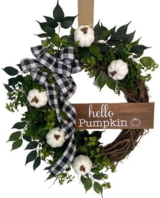 Fall Wreath with Buffalo Check Ribbon and White Pumpkins Grapevine Wreath | Amazon (US)