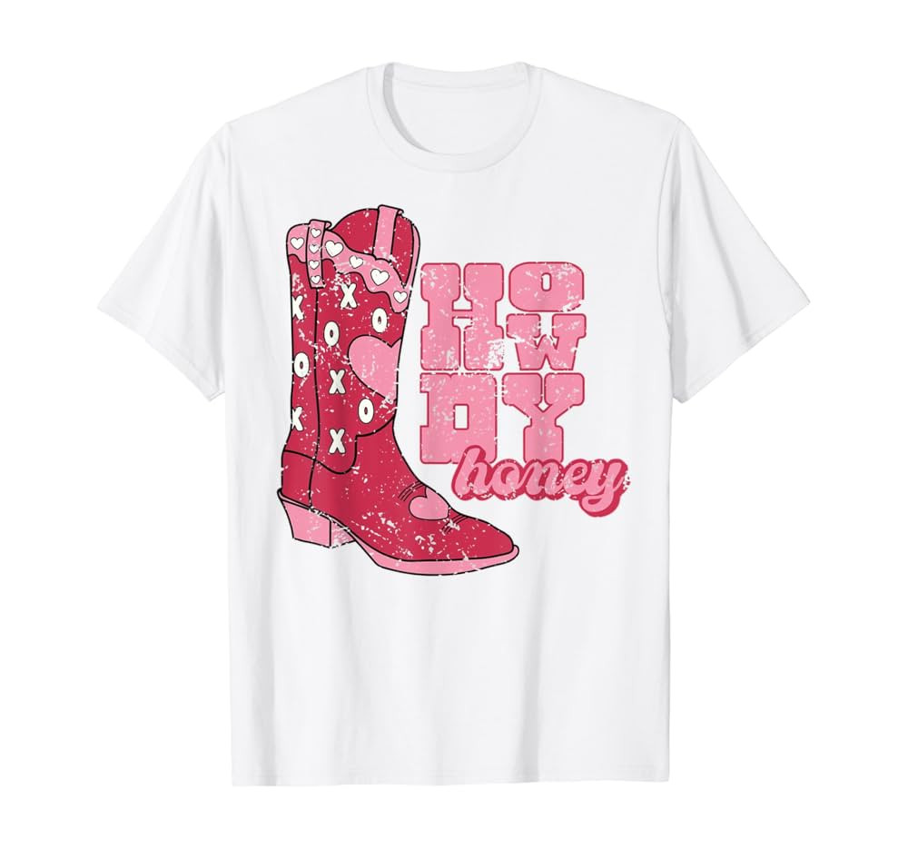 Howdy Honey Cowgirl Boot Western Valentines Day Retro Groovy T-Shirt | Amazon (US)