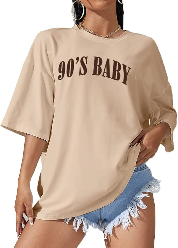 Women 90s Letter Print Oversized Top Summer Short Sleeve Round Neck Loose Drop Shoulder Causal Te... | Amazon (US)