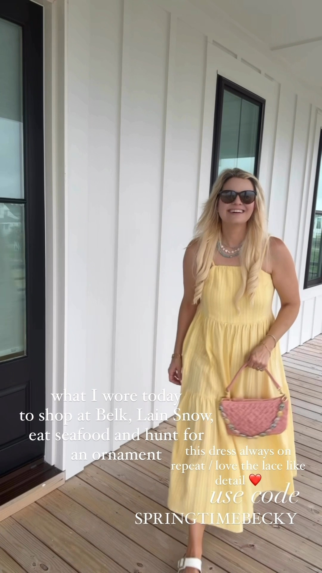 This dress is always such a favorite - wearing it on repeat. Love the lace like fabric - just so beautiful. Comes in a few colors. Use code SPRINGTIMEBECKY 
Favorite jewelry, a fun bag with the cutest strap that just came back in stock and comfy comfy shoes 