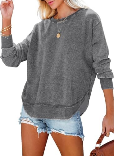 EVALESS Sweatshirt for Women Crewneck Long Sleeve Side Split Tops Casual Solid Color Loose Pullov... | Amazon (US)