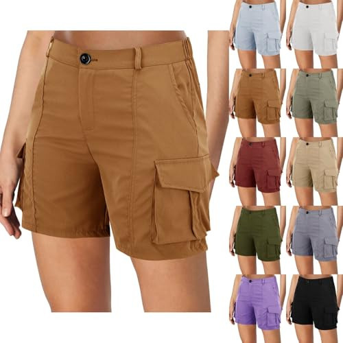 Womens Cargo Shorts - Lightweight Hiking Short for Running Athletic Camping Travel Elastic Waist Loose Pants Summer Beach Casual Bermuda Jorts Womens Shorts 5 Inch Inseam Yellow Large | Amazon (US)