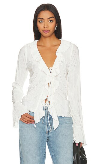 Adela Ruffle Top in Ivory Pleat | Revolve Clothing (Global)