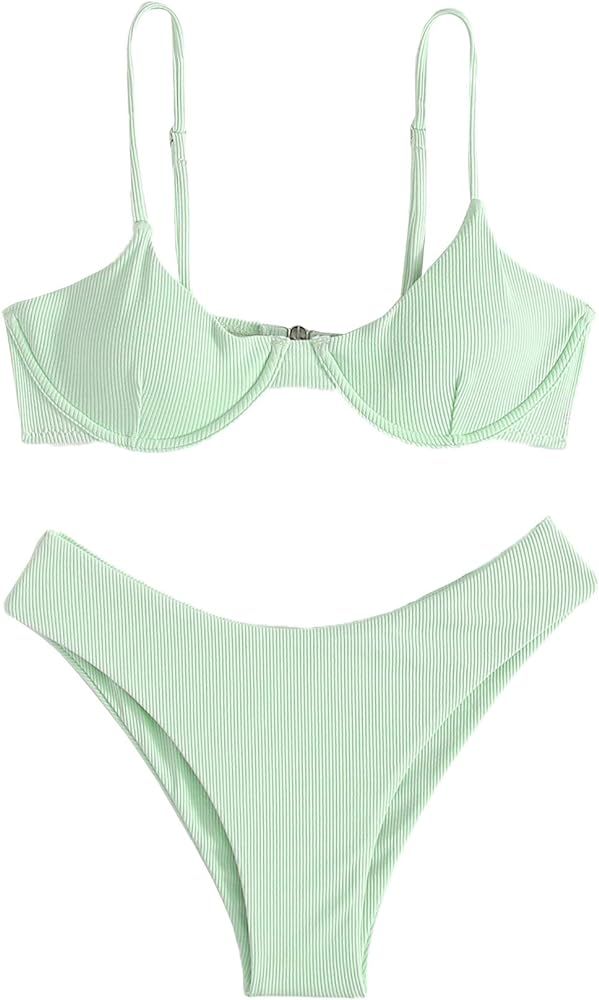 SheIn Women's 2 Piece Underwire Bikini Set Triangle High Waisted Swimsuit High Cut Thong Ribbed Knit | Amazon (US)
