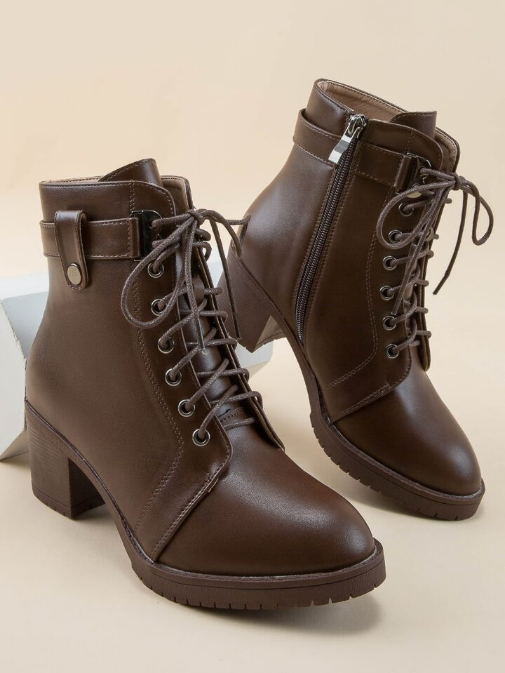 Women Brown Zip Side Lace-up Front Combat Boots, Round Toe Middle Heel Ankle Boots | SHEIN