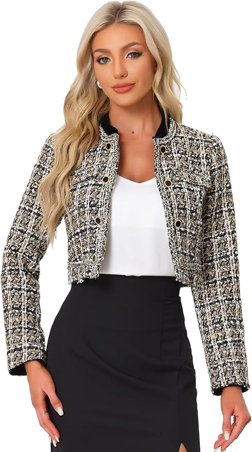 Allegra K Tweed Plaid Jacket for Women's Dressy Casual Button Decor Open Front Christmas Vintage ... | Amazon (US)
