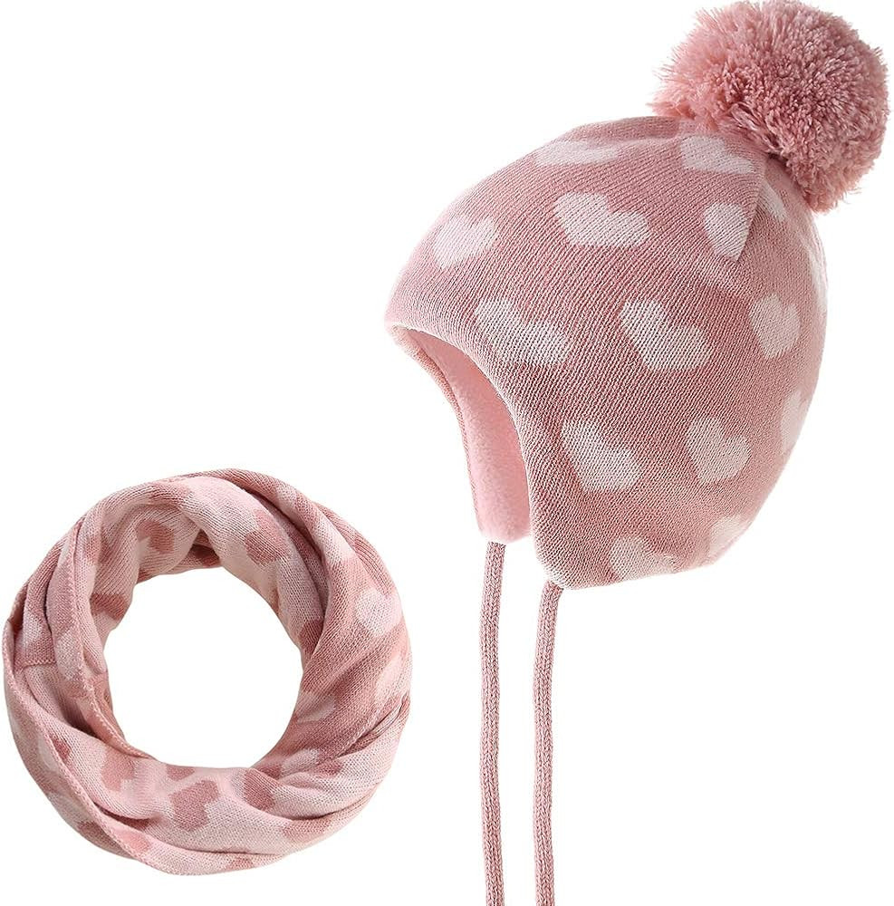 Girls Winter Hat and Scarf Knitted Earflaps Toddler Beanie Thicken Fleece Lining Kids Winter Hat ... | Amazon (US)