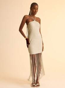 CAJUNI Women's Beach Spring/Summer Vacation Casual Halter Pearl Decor Bodycon Tassel Mini Dress | SHEIN