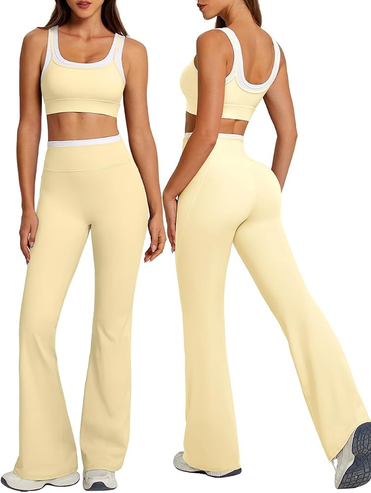 OMKAGI Layered Workout Sets for Women Flare Leggings U Back Pilates Outfits | Amazon (US)