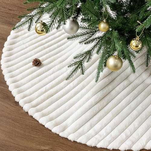 Faux Fur Christmas Tree Skirt: 48 Inch White Plush Fluffy Christmas Tree Skirt with Stripe Textured Pattern, Soft Beige Boho Christmas Tree Decorations for Merry Christmas Home Décor Xmas Party Gifts | Amazon (US)