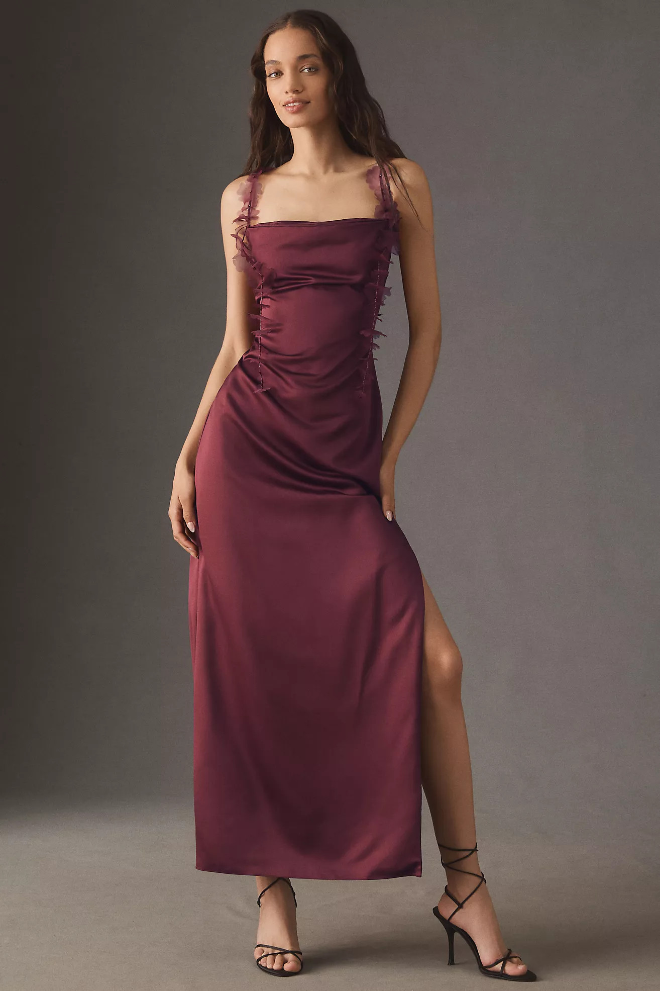 BHLDN Arabella Tendril-Sleeve Satin Maxi Dress | Anthropologie (US)
