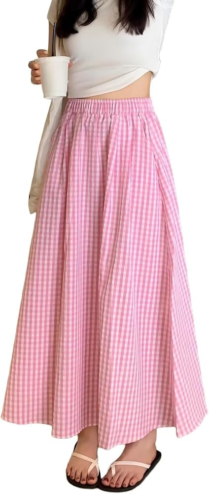 Women's Plaid Maxi Skirt A Line Pleated Flared Elastic High Waisted Summer Swing Long Gingham Ski... | Amazon (US)