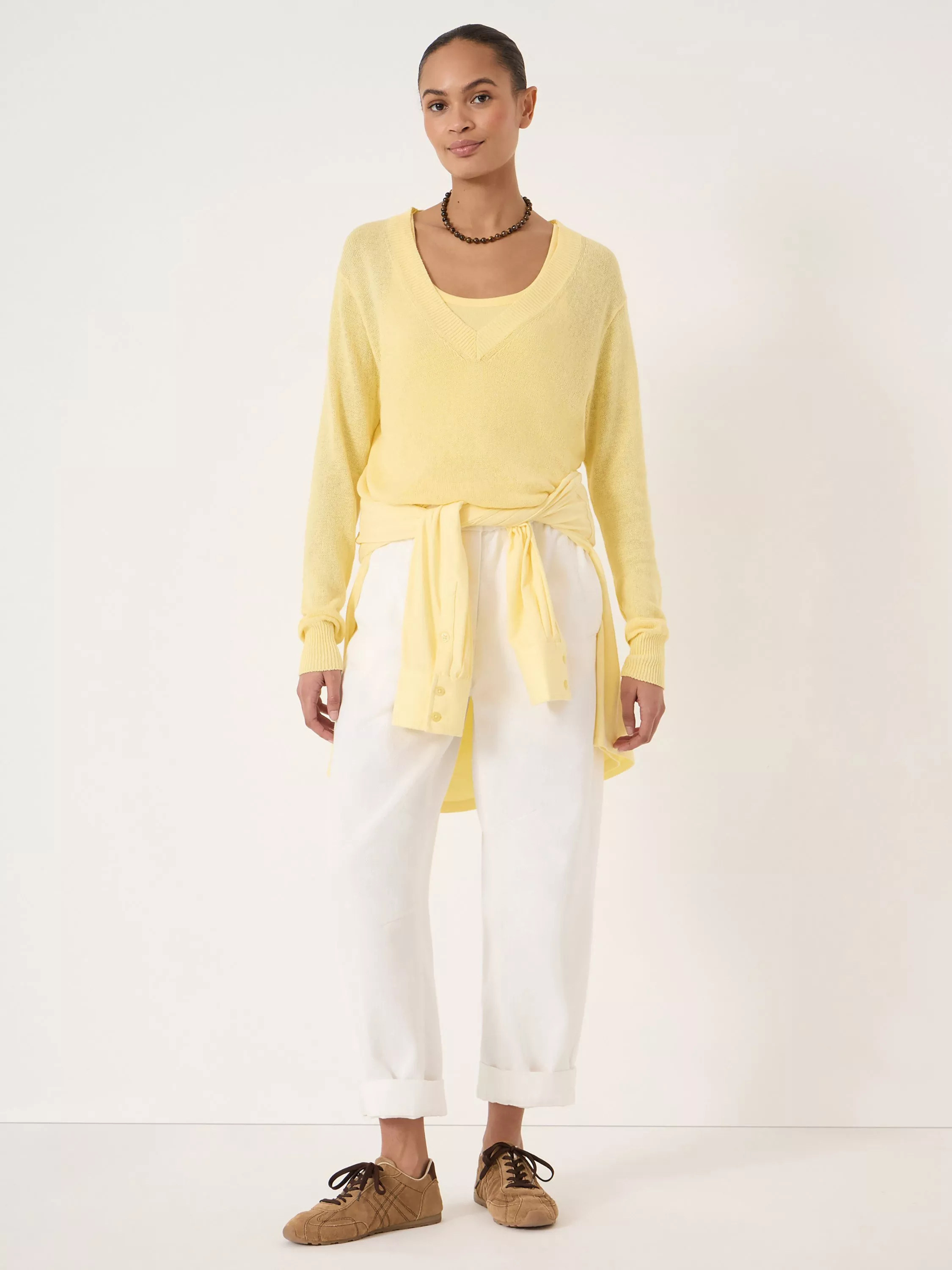 Coralie V-Neck Linen Blend Jumper, Butter Yellow | John Lewis (UK)