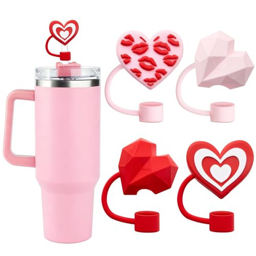 Jutieuo 4 Pcs Heart Straw Toppers for Stanley Cups, Cute Valentine's Day Decoration Straw Cover Caps for 40&30 oz Stanley Cups Tumblers with DIA 10 mm Straws | Amazon (US)
