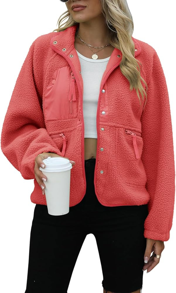 Yanekop Womens Fleece Jacket Fuzzy Long Sleeve Short Coats Button Down Sherpa Outerwear with Pock... | Amazon (US)