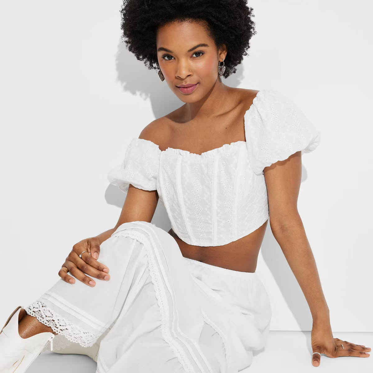 Women's Puff Cap Sleeve Eyelet Corset Top - Wild Fable™ Yellow S | Target