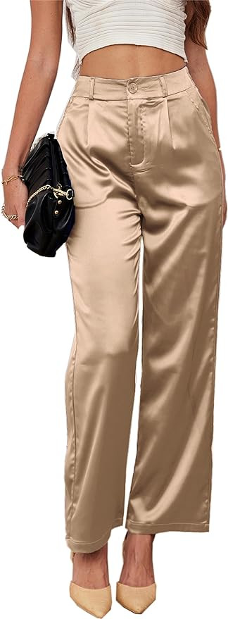 heipeiwa Women's Wide Leg Wedding Party Satin Casual Dress Nightout Pants Long Trouser | Amazon (US)