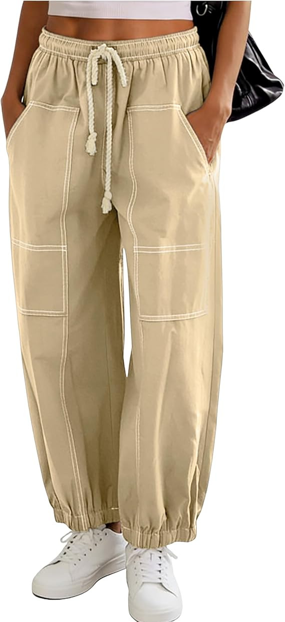 Himosyber Womens Baggy Wide Leg Pants Casual Loose Elastic Drawstring Waist Harem Pants with Pock... | Amazon (US)