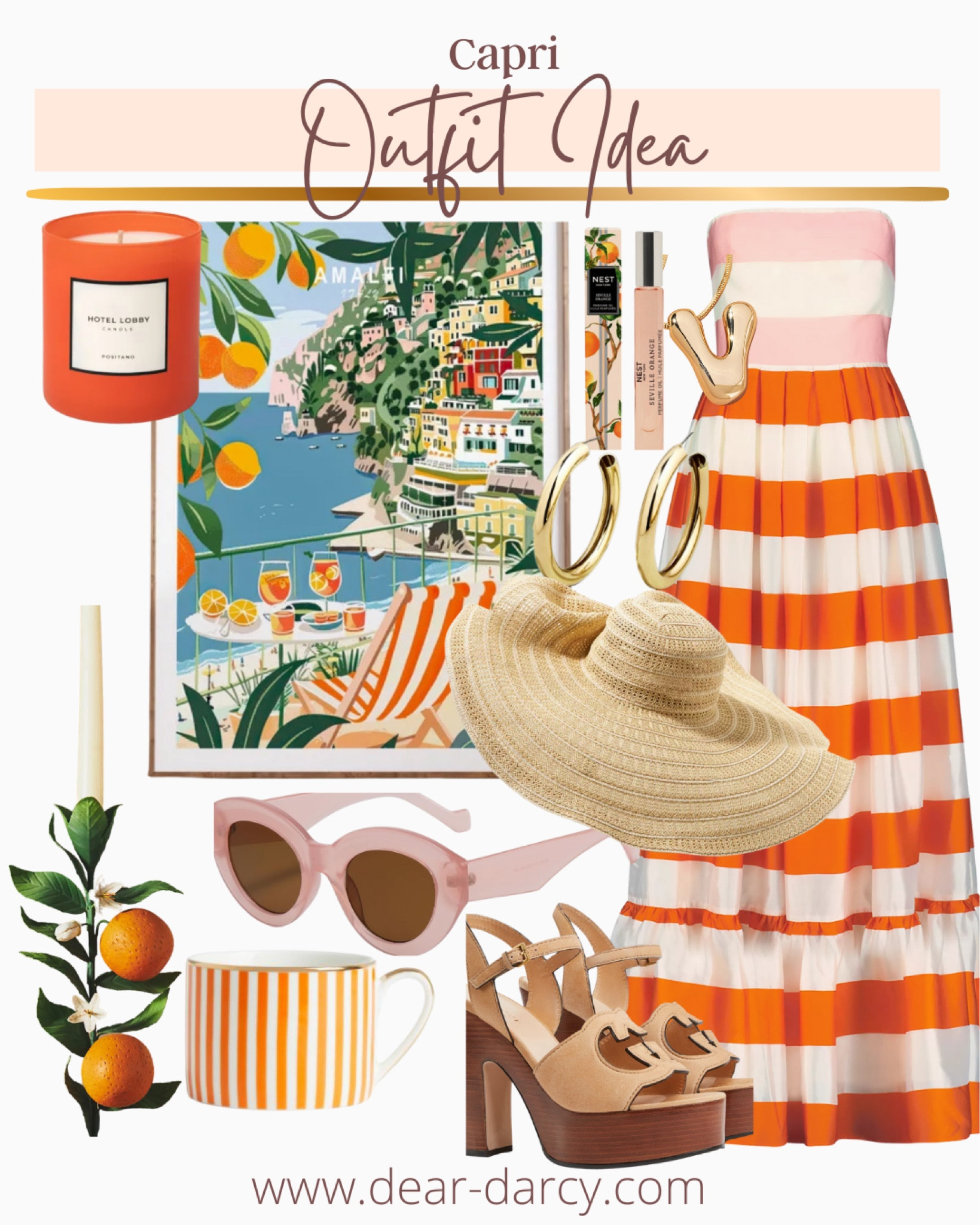 Are you longing to head to Capri? 

Heres a great outfit to have you feeling that you’re there… or maybe take with you🍑

Capri poster under $20

Orange candle sticks 

Affordable sunglasses 
H&M striped mug $6

Beautiful sun hat that makes a statement 

A stunning orange and pink stripe strapless maxi dress 

A beautiful perfume in a travel size bottle that looked beautiful 

Gucci clog style sandals so good they go with everything! 

Gold hoops and an initial gold necklace makes great gift too.

The best smelling citrus candle
 
#capri #citrus #dressstyle #gardenwedding 

#LTKHome #LTKStyleTip #LTKTravel