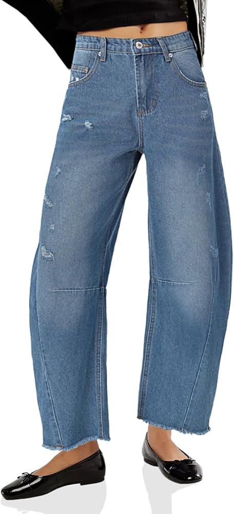 Cicy Bell Womens Barrel Jeans 2024 Fall Baggy Boyfriend Ripped Cropped Raw Hem Denim Pants | Amazon (US)