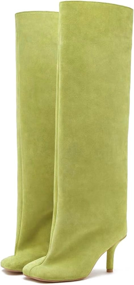 Beige Suede Knee High Boots for Women Slip on Stiletto Heels Womens Fashion Boots Casual Square T... | Amazon (US)