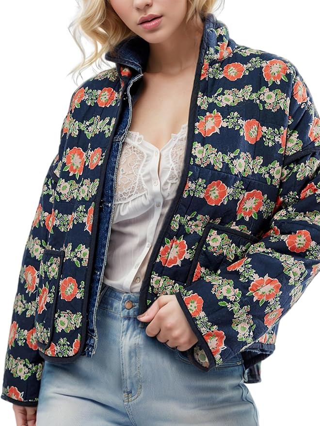 Wyeysyt Women's Cropped Puffer Jacket Lightweight Floral Print Long Sleeve Padded Quilted Puffy C... | Amazon (US)