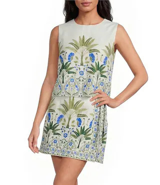 Petite Size Senara Floral Print Lisha Round Neck Sleeveless Coordinating Linen Top | Dillard's
